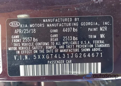 2018 Kia Optima Lx z USA, uszkodzony, nr VIN 5XXGT4L31JG264671